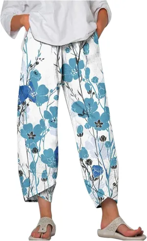 Womens Pajamas Sets Clearance Womens Plus Size Pants Trendy Daisy Print Summer Tulip Hem Casual Pants Elastic Waist Trouser Pants with Pockets, XX-Large, 01 Sky Blue