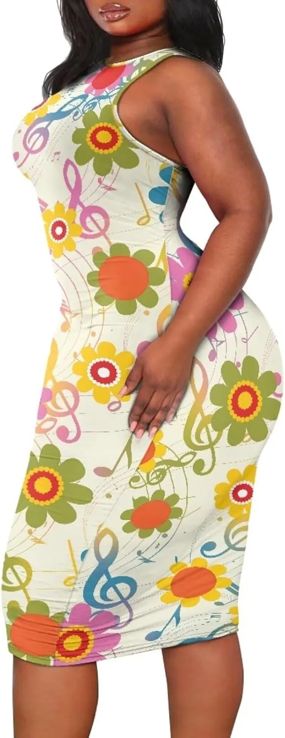 Women's Plus Size Floral Dress Sleeveless Crewneck Sundress Casual Bodycon Wrap Dress Shift Dress
