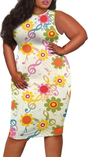 Women's Plus Size Floral Dress Sleeveless Crewneck Sundress Casual Bodycon Wrap Dress Shift Dress