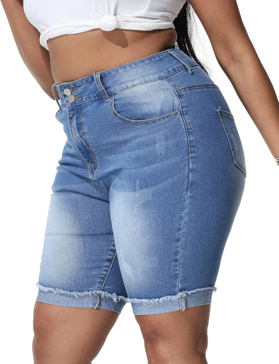 Womens Plus Size Jean Shorts Stretchy High Waisted Ripped Roll Hem Denim Bermuda Shorts 10" Inseam