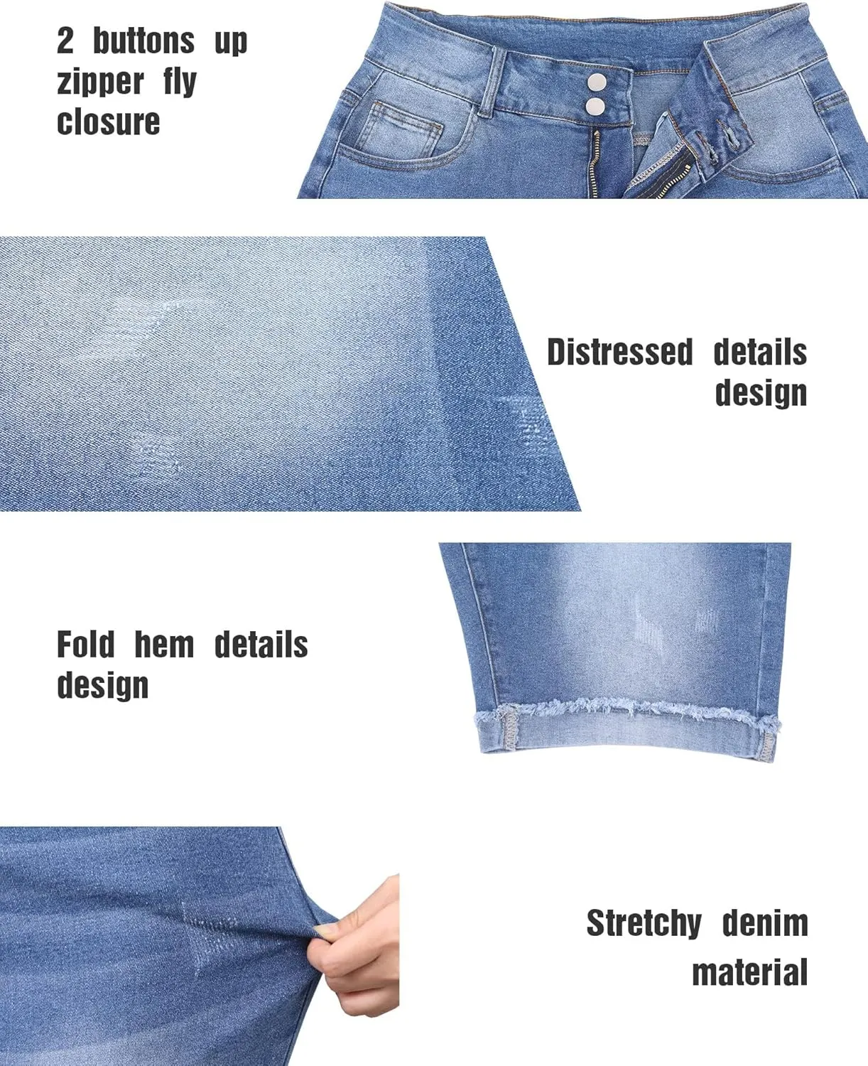 Womens Plus Size Jean Shorts Stretchy High Waisted Ripped Roll Hem Denim Bermuda Shorts 10" Inseam