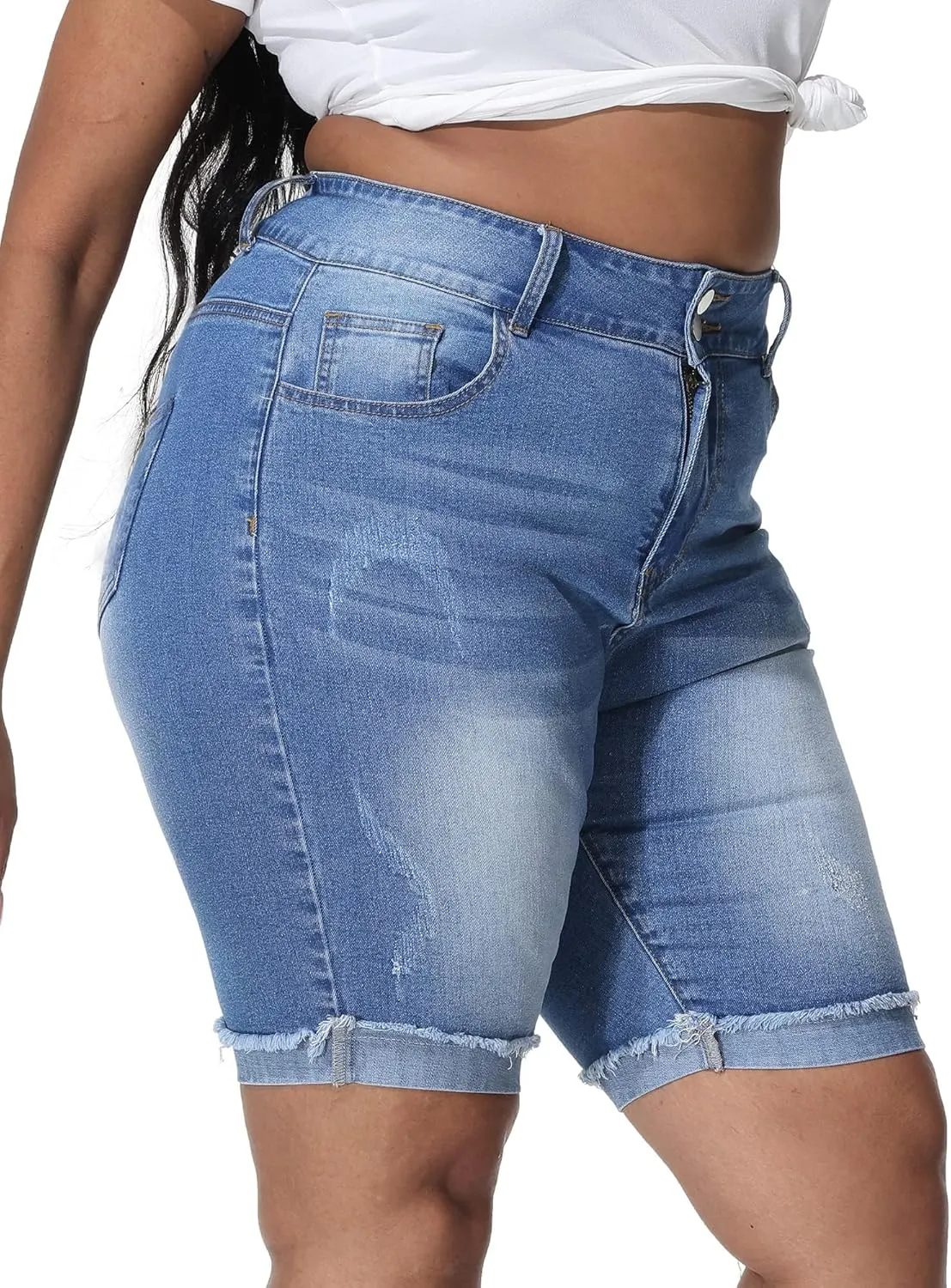 Womens Plus Size Jean Shorts Stretchy High Waisted Ripped Roll Hem Denim Bermuda Shorts 10" Inseam