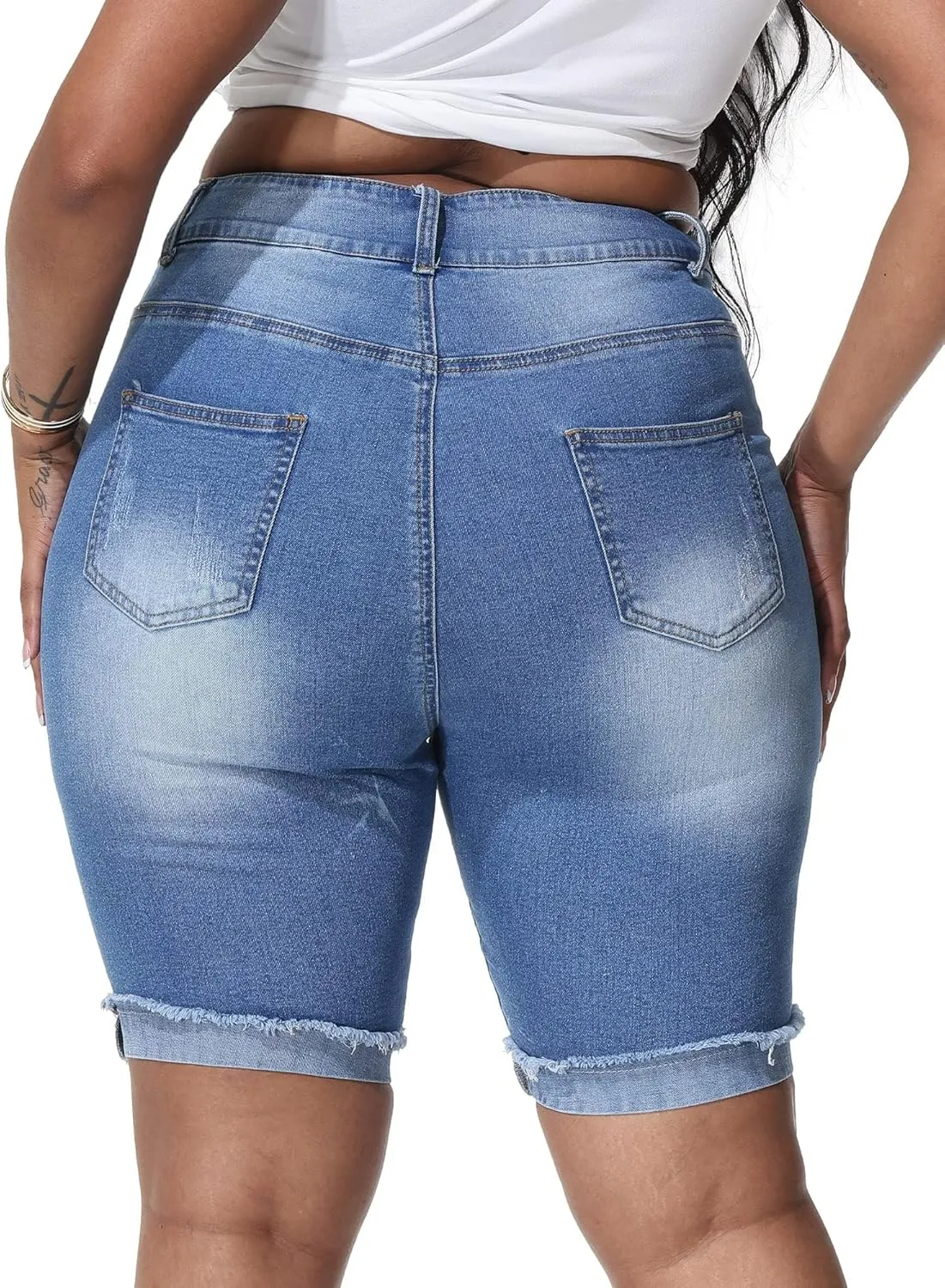 Womens Plus Size Jean Shorts Stretchy High Waisted Ripped Roll Hem Denim Bermuda Shorts 10" Inseam