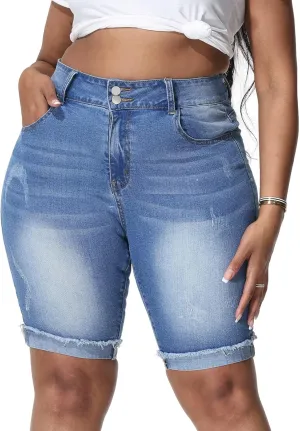 Womens Plus Size Jean Shorts Stretchy High Waisted Ripped Roll Hem Denim Bermuda Shorts 10" Inseam