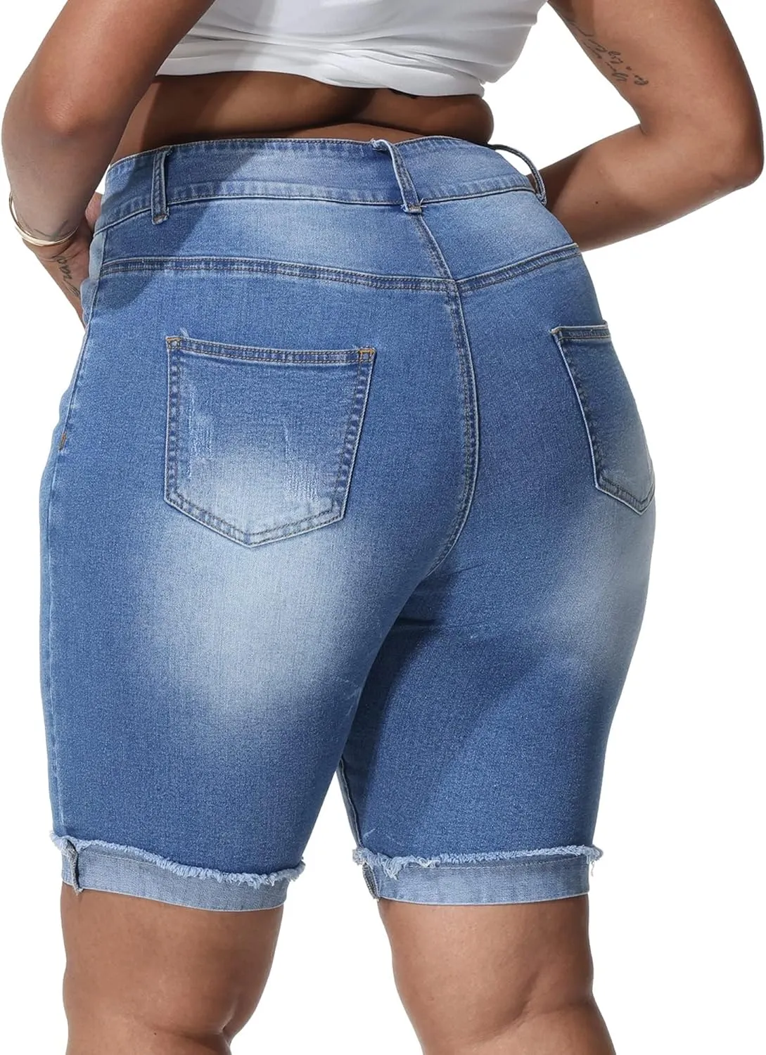 Womens Plus Size Jean Shorts Stretchy High Waisted Ripped Roll Hem Denim Bermuda Shorts 10" Inseam