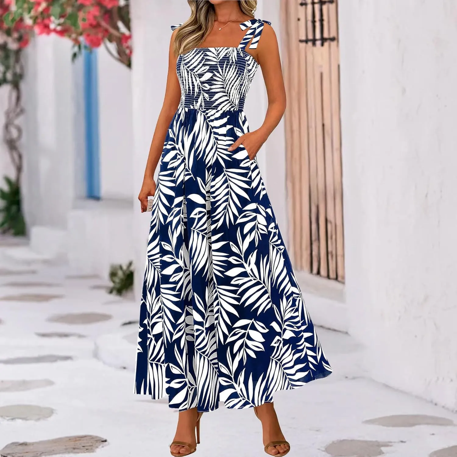Womens Plus Size Swing Dress Summer Floral Boho Dress Spaghetti Strap Sundress Beach Long Maxi Outfits