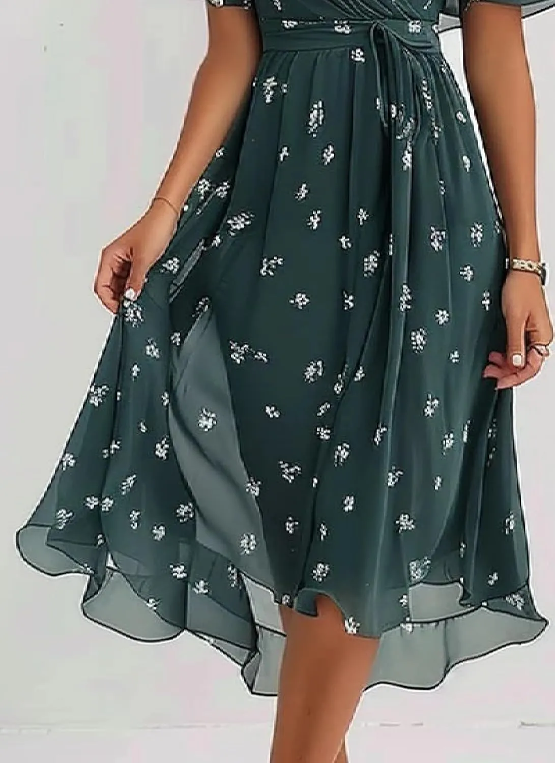Women's Print Wrap Midi Dress V-Neck Short Sleeve A-Line Empire Waist Dress Ruffle Hem Smocked Wedding Guest Dress