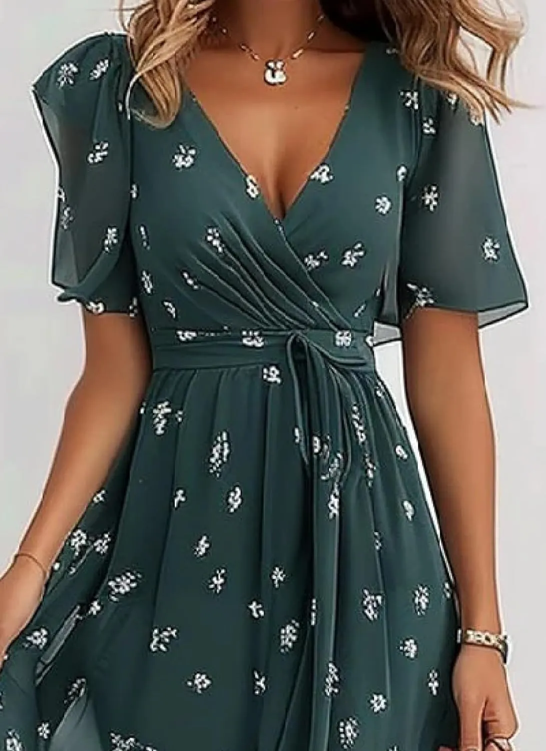 Women's Print Wrap Midi Dress V-Neck Short Sleeve A-Line Empire Waist Dress Ruffle Hem Smocked Wedding Guest Dress