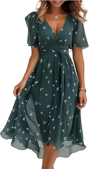 Women's Print Wrap Midi Dress V-Neck Short Sleeve A-Line Empire Waist Dress Ruffle Hem Smocked Wedding Guest Dress