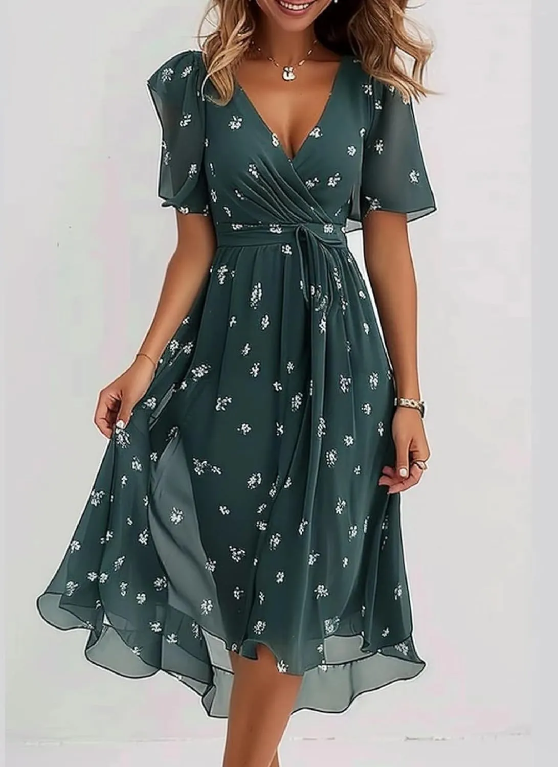 Women's Print Wrap Midi Dress V-Neck Short Sleeve A-Line Empire Waist Dress Ruffle Hem Smocked Wedding Guest Dress