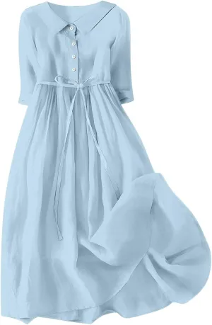 Women's Retro Cotton Linen Dress Double-Layer Lace-up Waist Dress Summer Travel Holiday Dress Tiered Flowy Long Dress