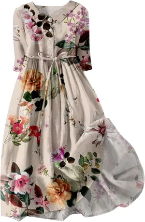 Women's Retro Cotton Linen Dress Double-Layer Lace-up Waist Dress Summer Travel Holiday Dress Tiered Flowy Long Dress