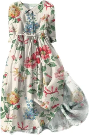 Women's Retro Cotton Linen Dress Double-Layer Lace-up Waist Dress Summer Travel Holiday Dress Tiered Flowy Long Dress