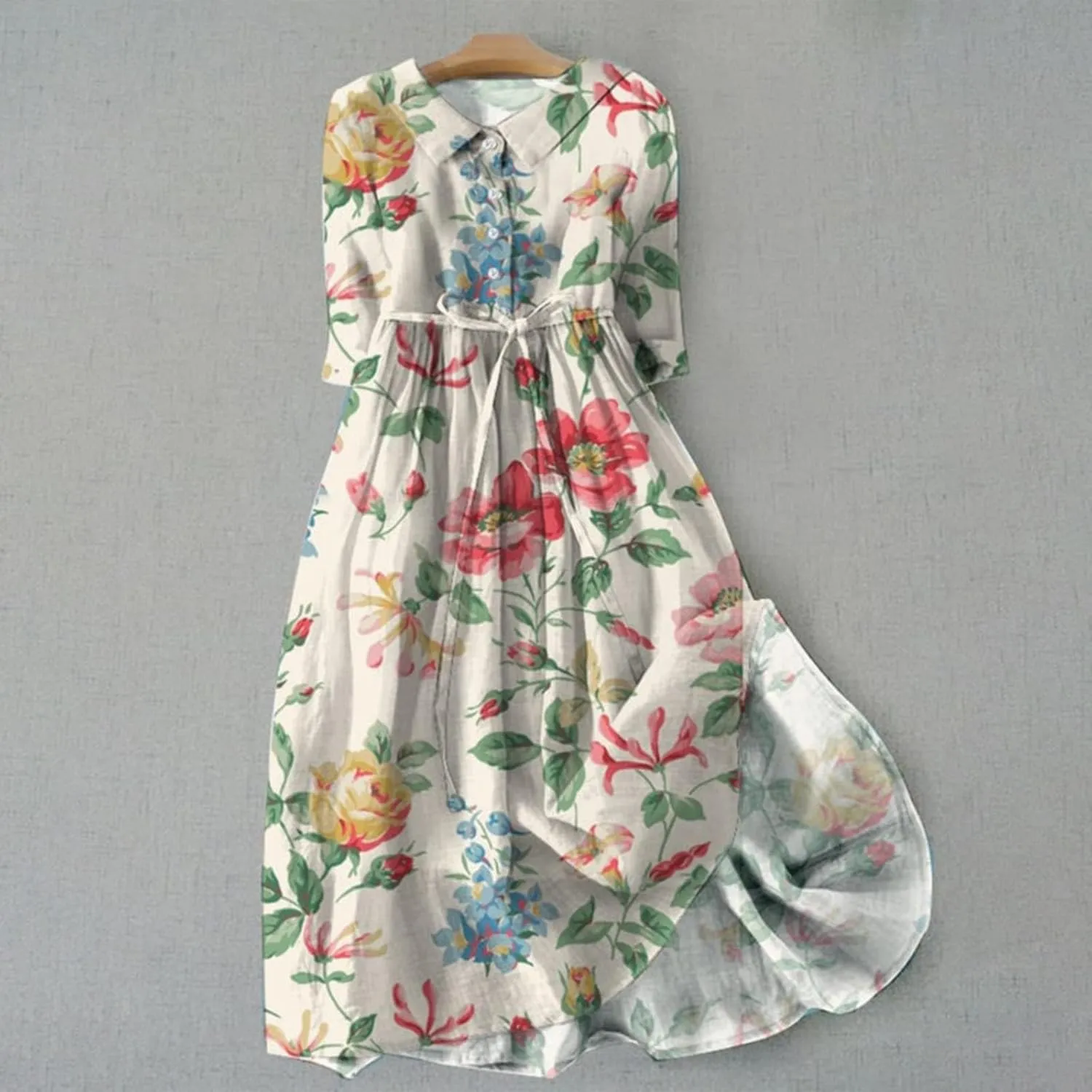 Women's Retro Cotton Linen Dress Double-Layer Lace-up Waist Dress Summer Travel Holiday Dress Tiered Flowy Long Dress