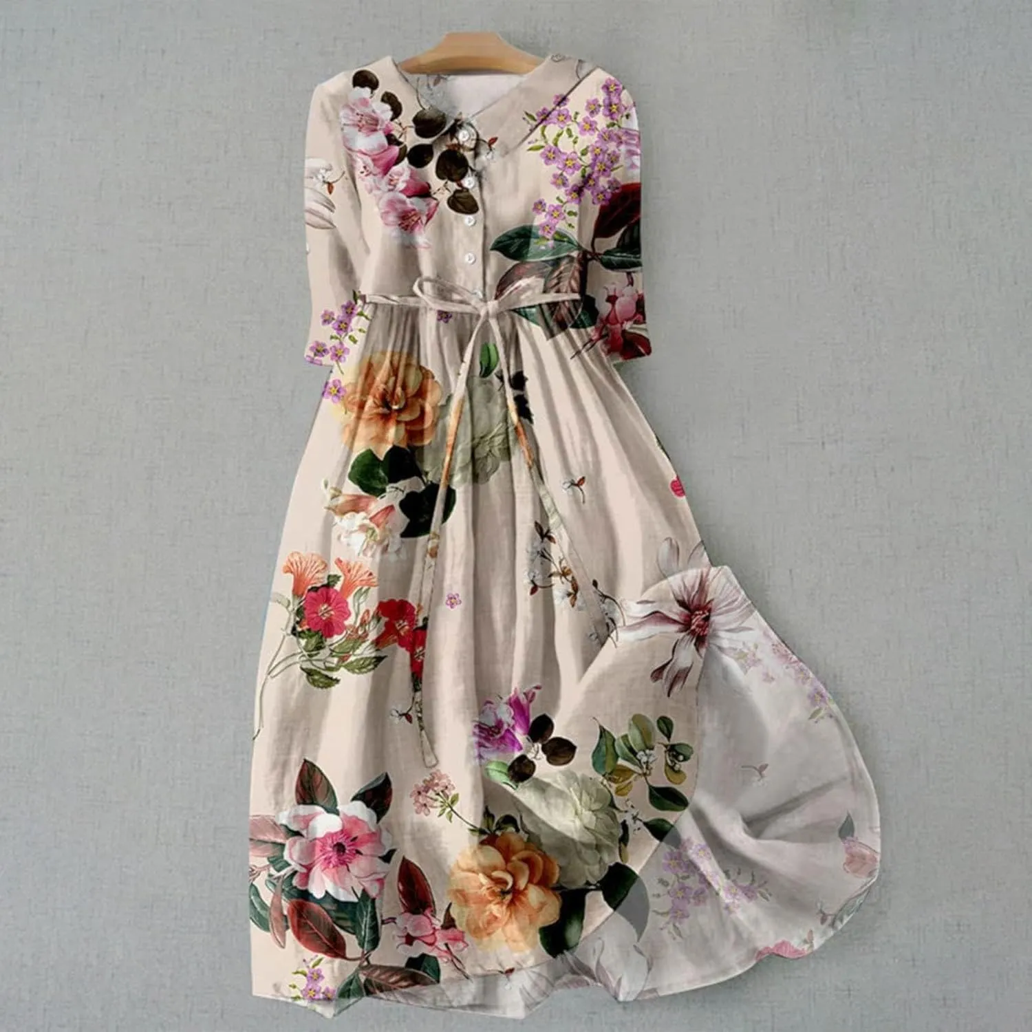 Women's Retro Cotton Linen Dress Double-Layer Lace-up Waist Dress Summer Travel Holiday Dress Tiered Flowy Long Dress