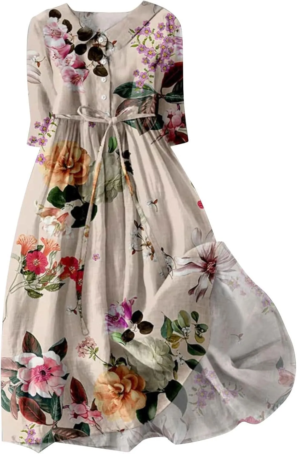 Women's Retro Cotton Linen Dress Double-Layer Lace-up Waist Dress Summer Travel Holiday Dress Tiered Flowy Long Dress