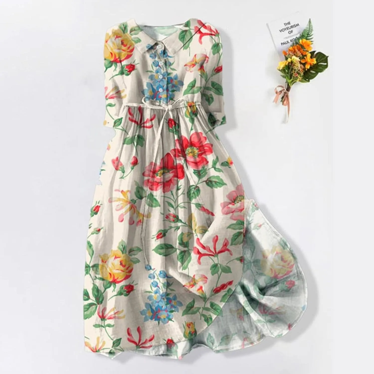 Women's Retro Cotton Linen Dress Double-Layer Lace-up Waist Dress Summer Travel Holiday Dress Tiered Flowy Long Dress