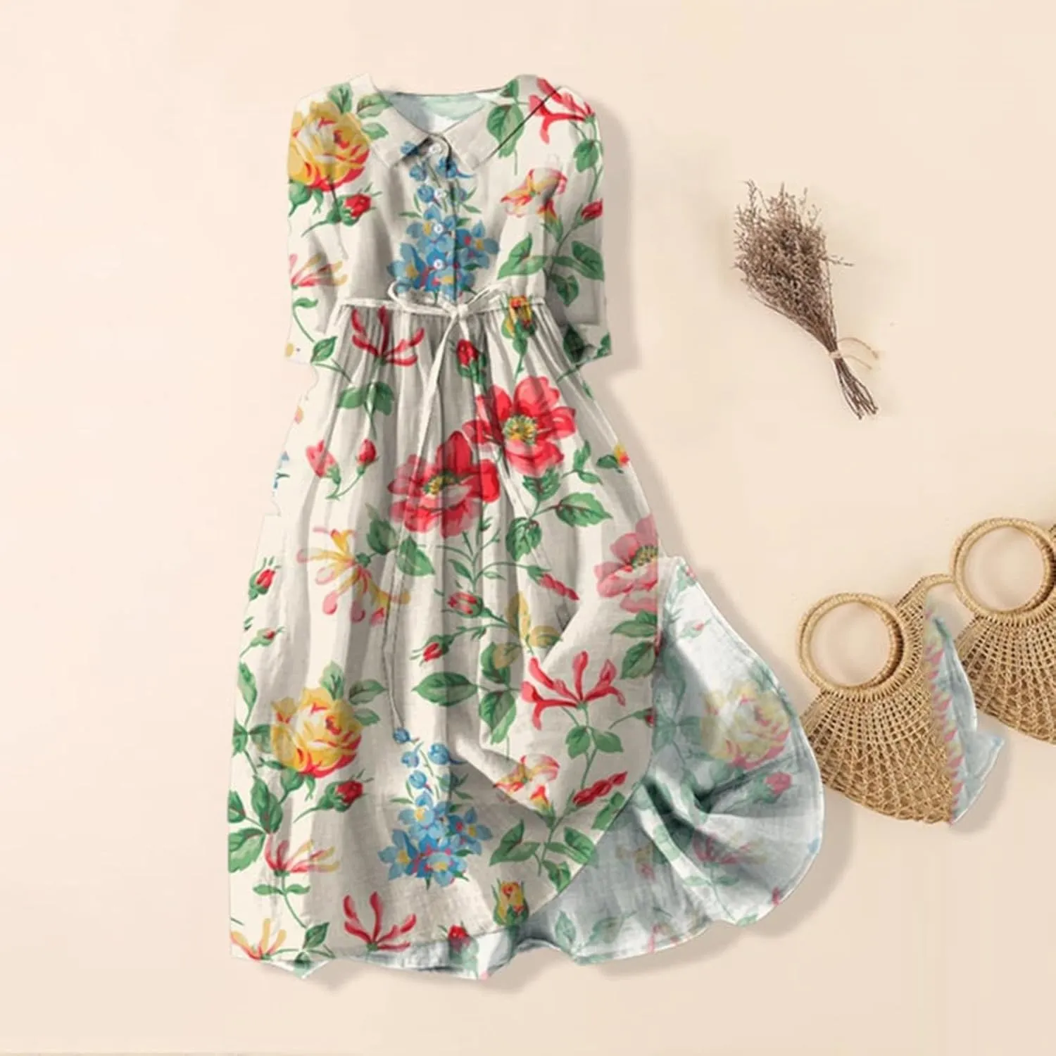 Women's Retro Cotton Linen Dress Double-Layer Lace-up Waist Dress Summer Travel Holiday Dress Tiered Flowy Long Dress