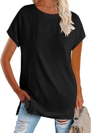 Women's Round Neck Solid Color T-Shirt Side Slit Casual Short-Sleeved Summer Sports Tunic Top