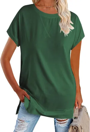 Women's Round Neck Solid Color T-Shirt Side Slit Casual Short-Sleeved Summer Sports Tunic Top
