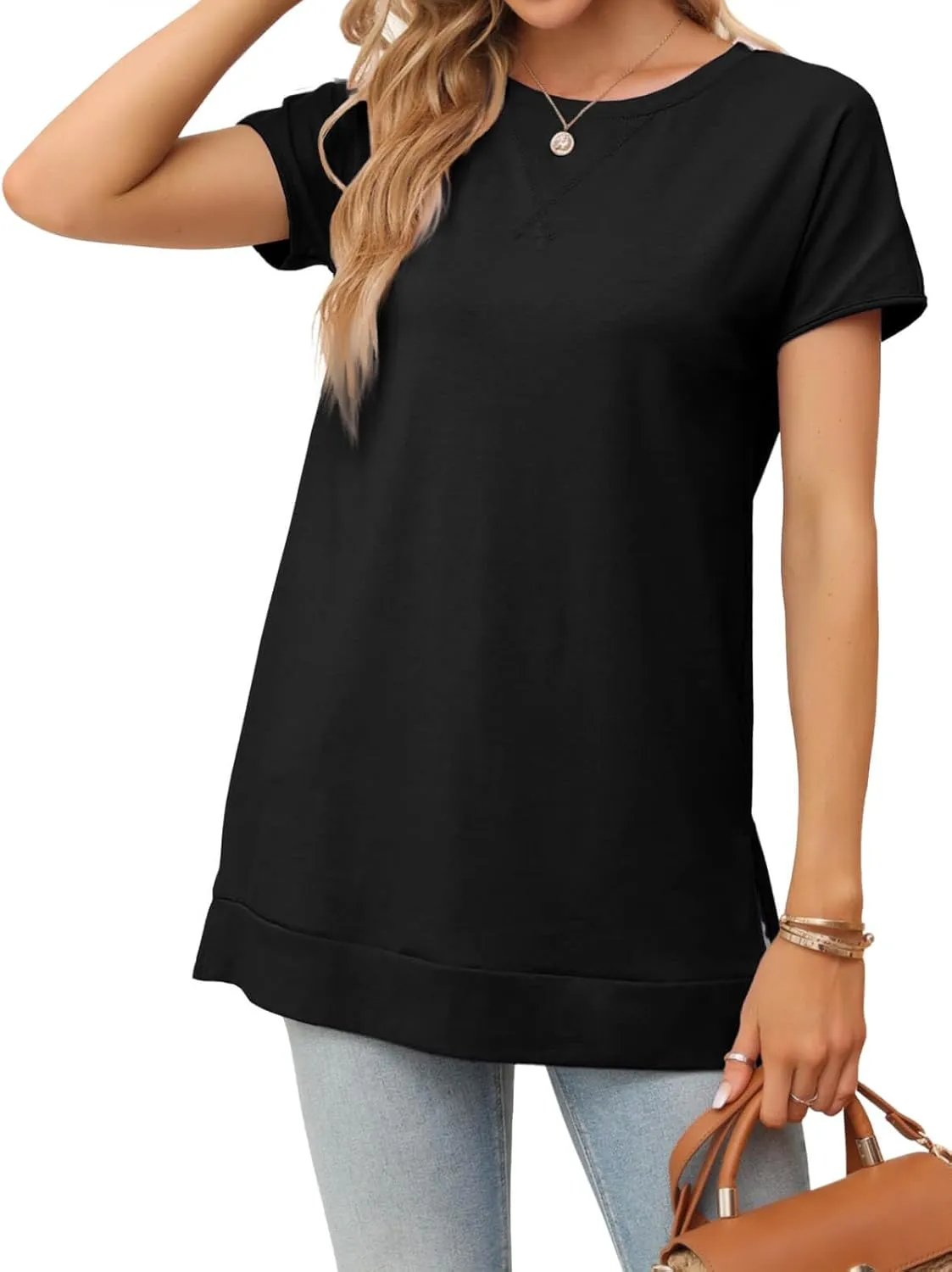 Women's Round Neck Solid Color T-Shirt Side Slit Casual Short-Sleeved Summer Sports Tunic Top