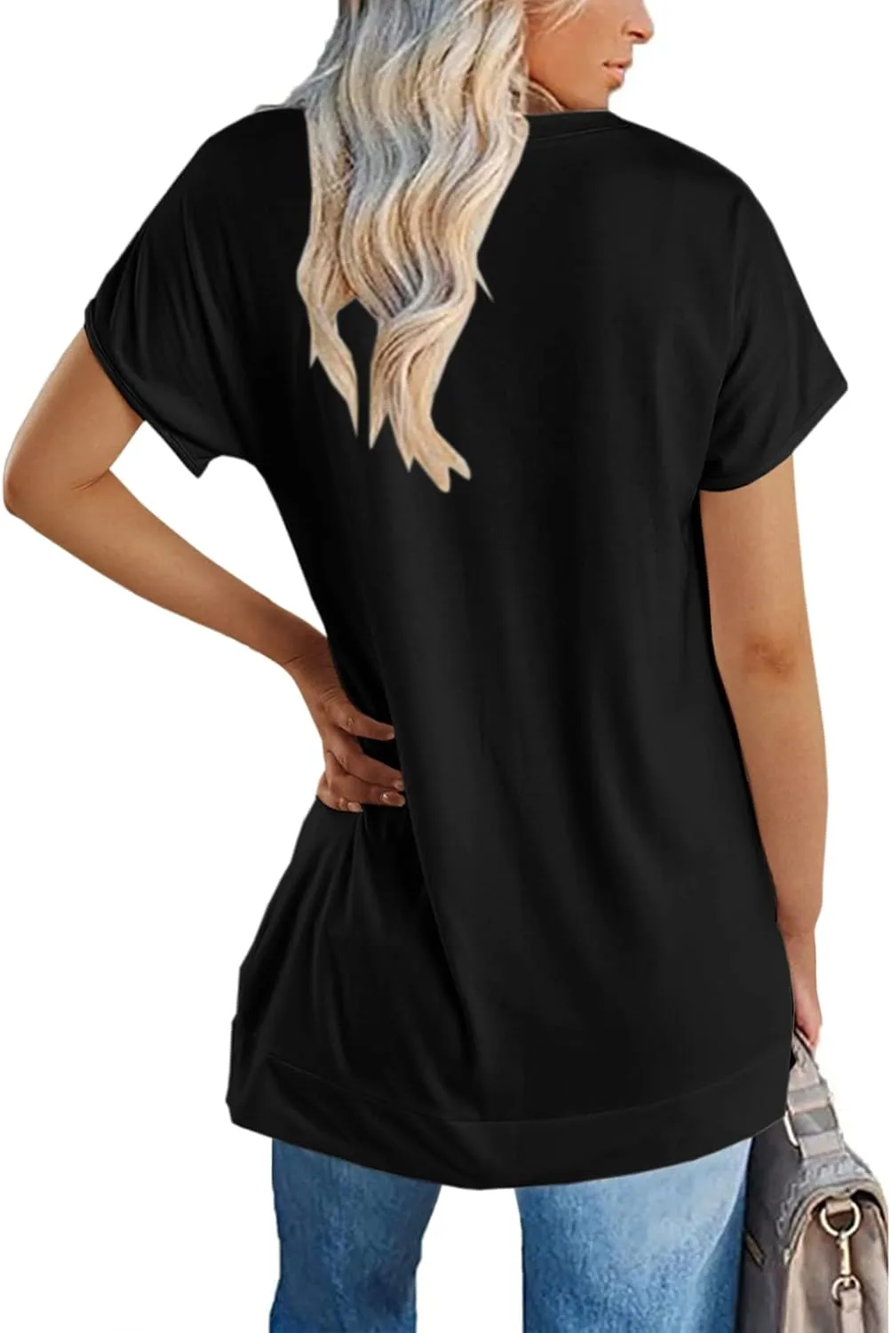 Women's Round Neck Solid Color T-Shirt Side Slit Casual Short-Sleeved Summer Sports Tunic Top