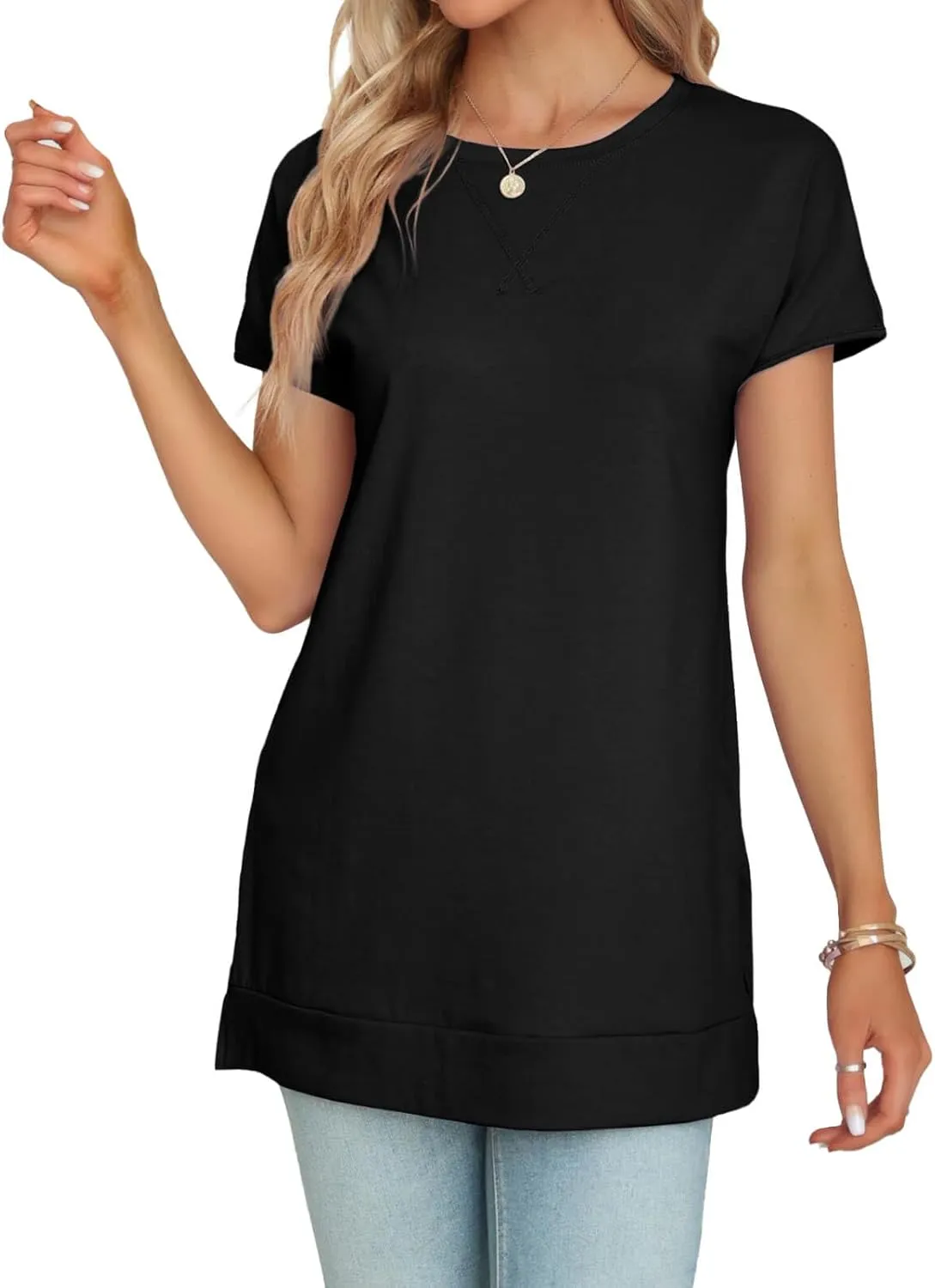 Women's Round Neck Solid Color T-Shirt Side Slit Casual Short-Sleeved Summer Sports Tunic Top