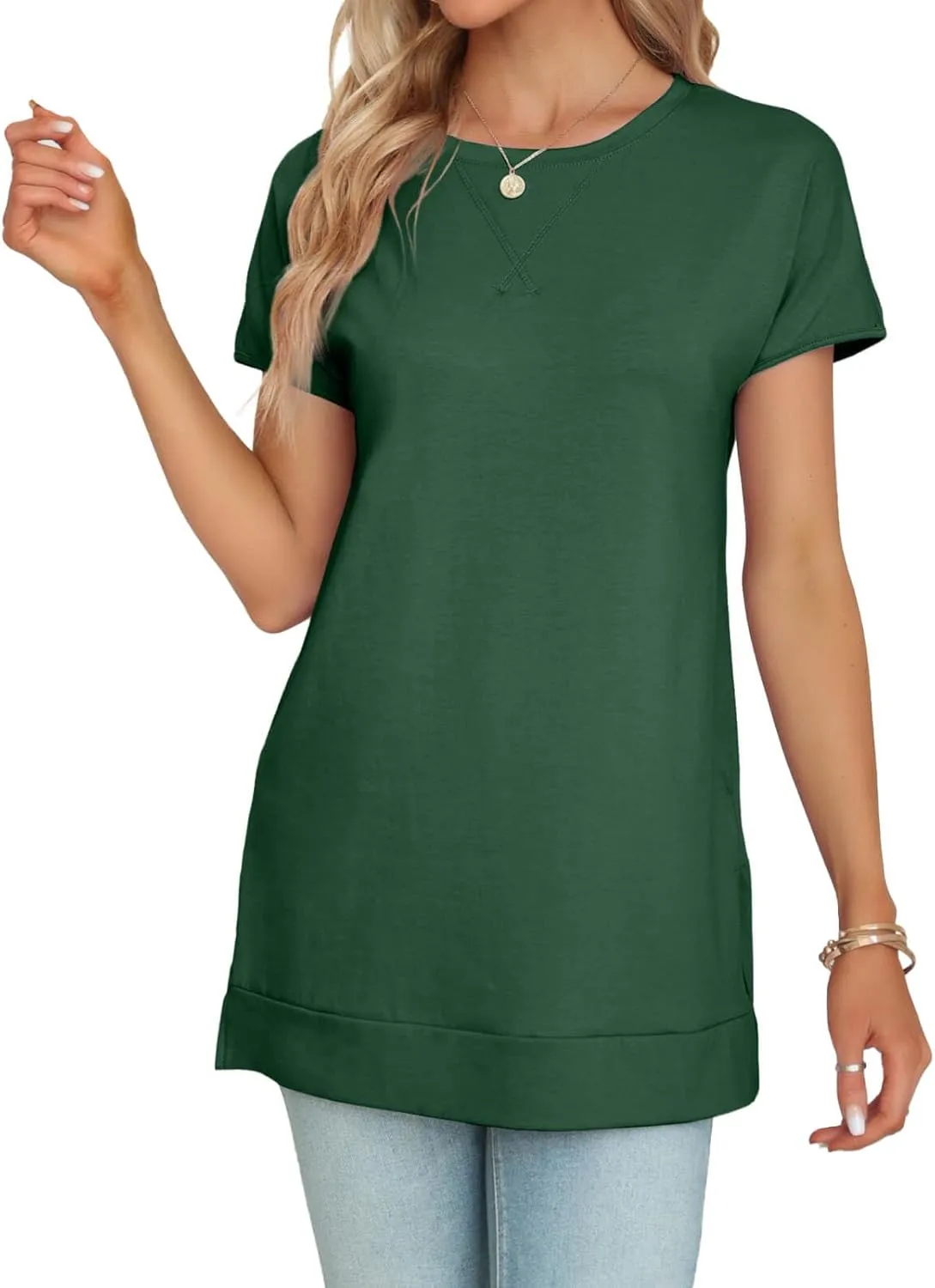 Women's Round Neck Solid Color T-Shirt Side Slit Casual Short-Sleeved Summer Sports Tunic Top