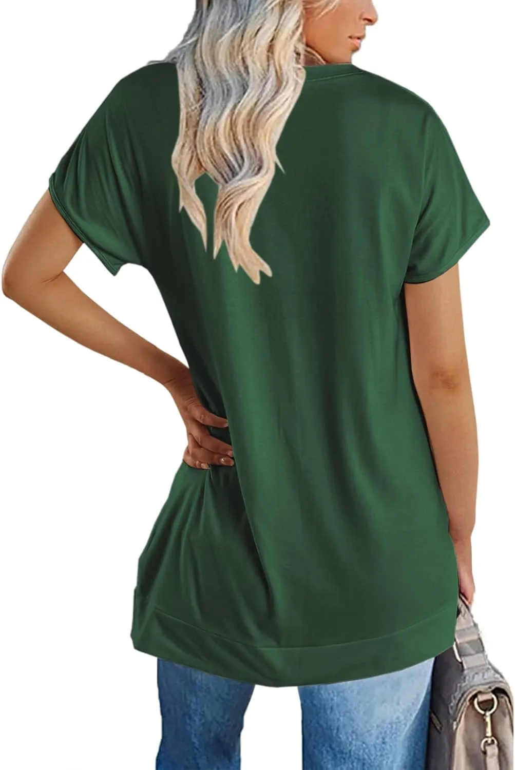 Women's Round Neck Solid Color T-Shirt Side Slit Casual Short-Sleeved Summer Sports Tunic Top