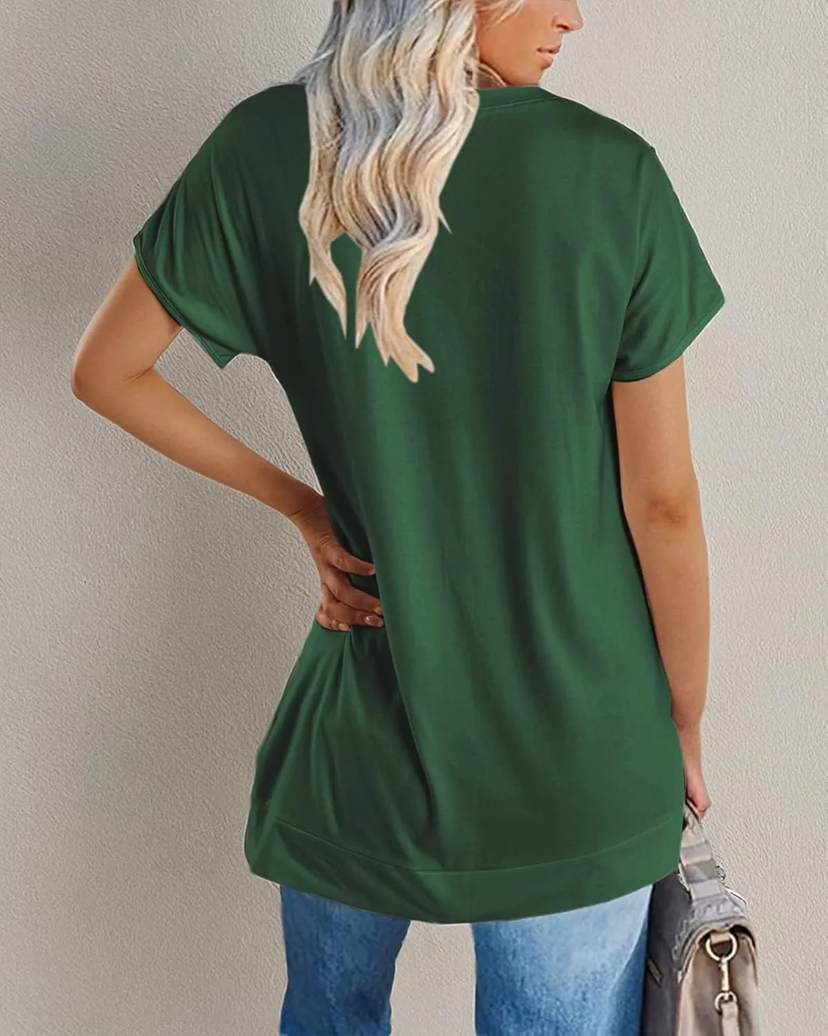 Women's Round Neck Solid Color T-Shirt Side Slit Casual Short-Sleeved Summer Sports Tunic Top