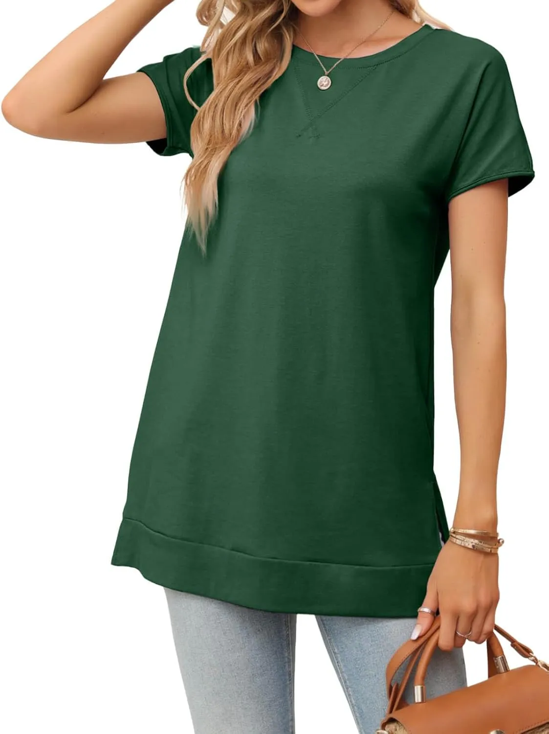 Women's Round Neck Solid Color T-Shirt Side Slit Casual Short-Sleeved Summer Sports Tunic Top