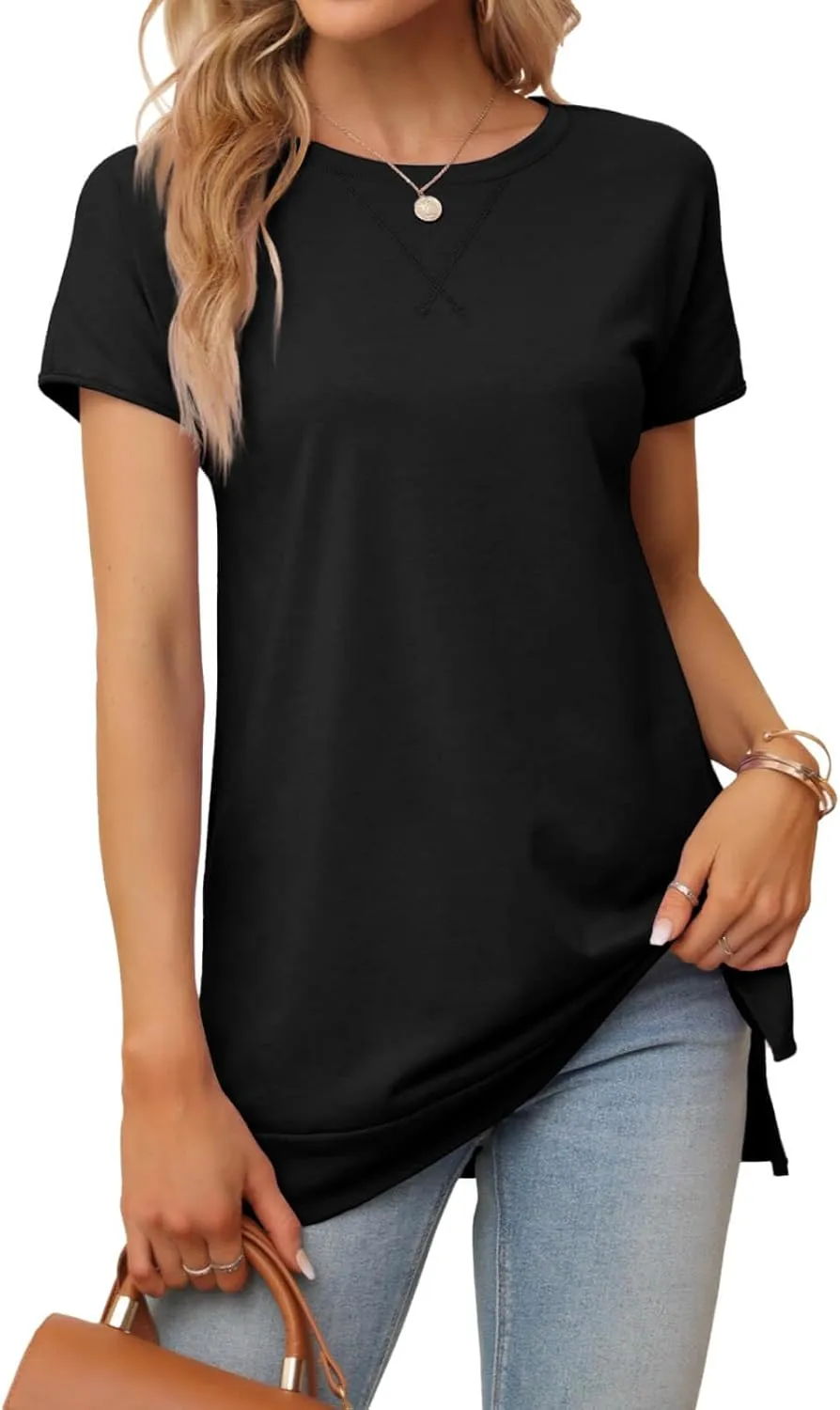 Women's Round Neck Solid Color T-Shirt Side Slit Casual Short-Sleeved Summer Sports Tunic Top