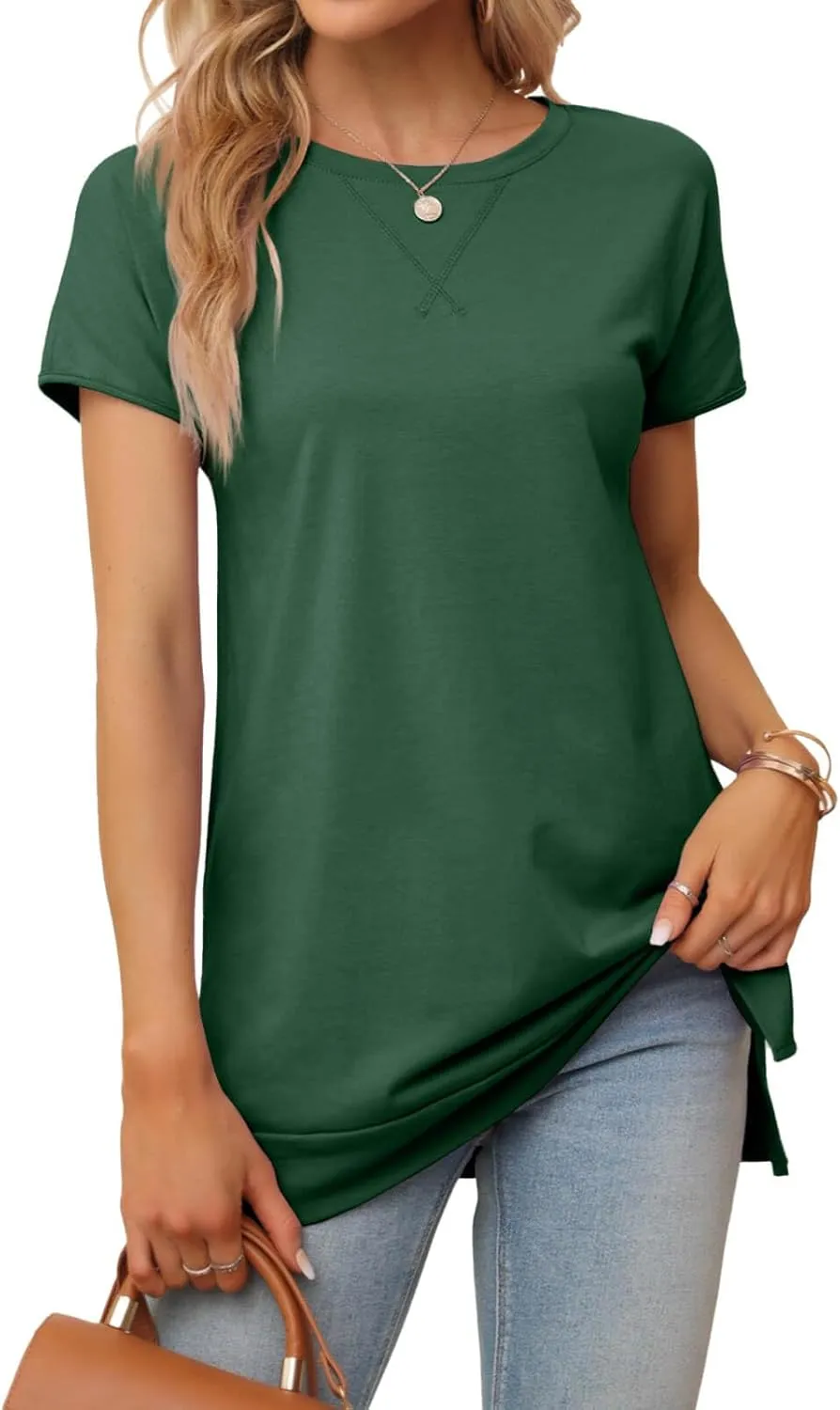 Women's Round Neck Solid Color T-Shirt Side Slit Casual Short-Sleeved Summer Sports Tunic Top