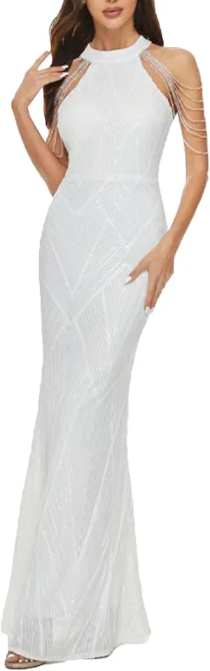 Women's Sleeveless Sequin Evening Gown, Fashion Glitter Beaded Tassel Bodycon Maxi Dress Formal Party Prom Dresses