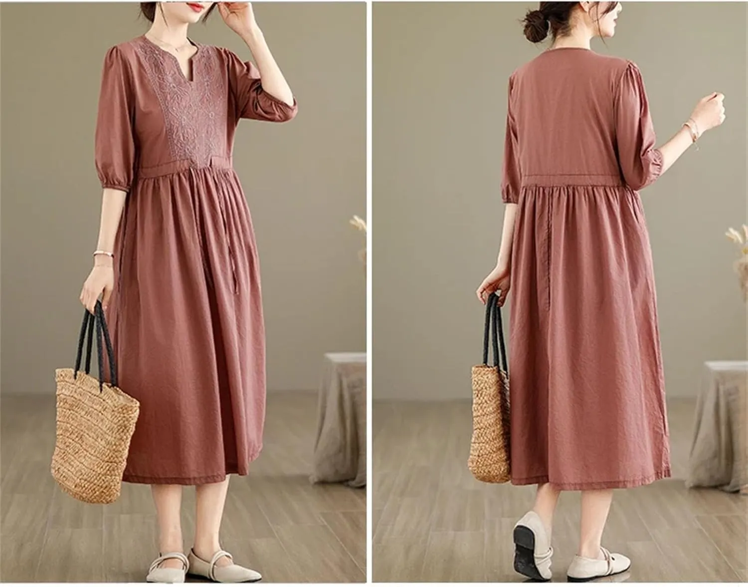 Women's Slim Cotton Embroidery Floral Dress Vintage Loose Casual V-Neck Half Sleeve Dress