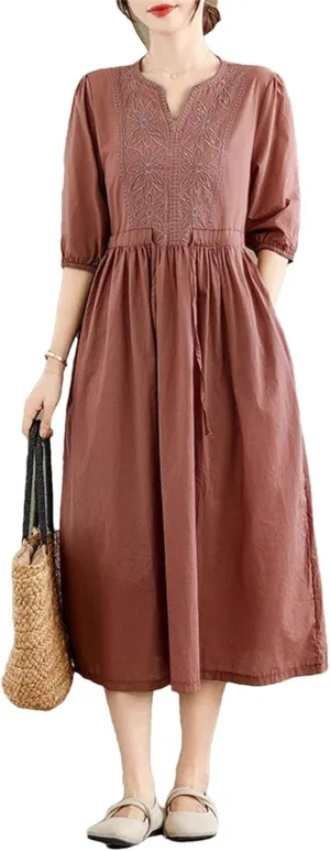 Women's Slim Cotton Embroidery Floral Dress Vintage Loose Casual V-Neck Half Sleeve Dress