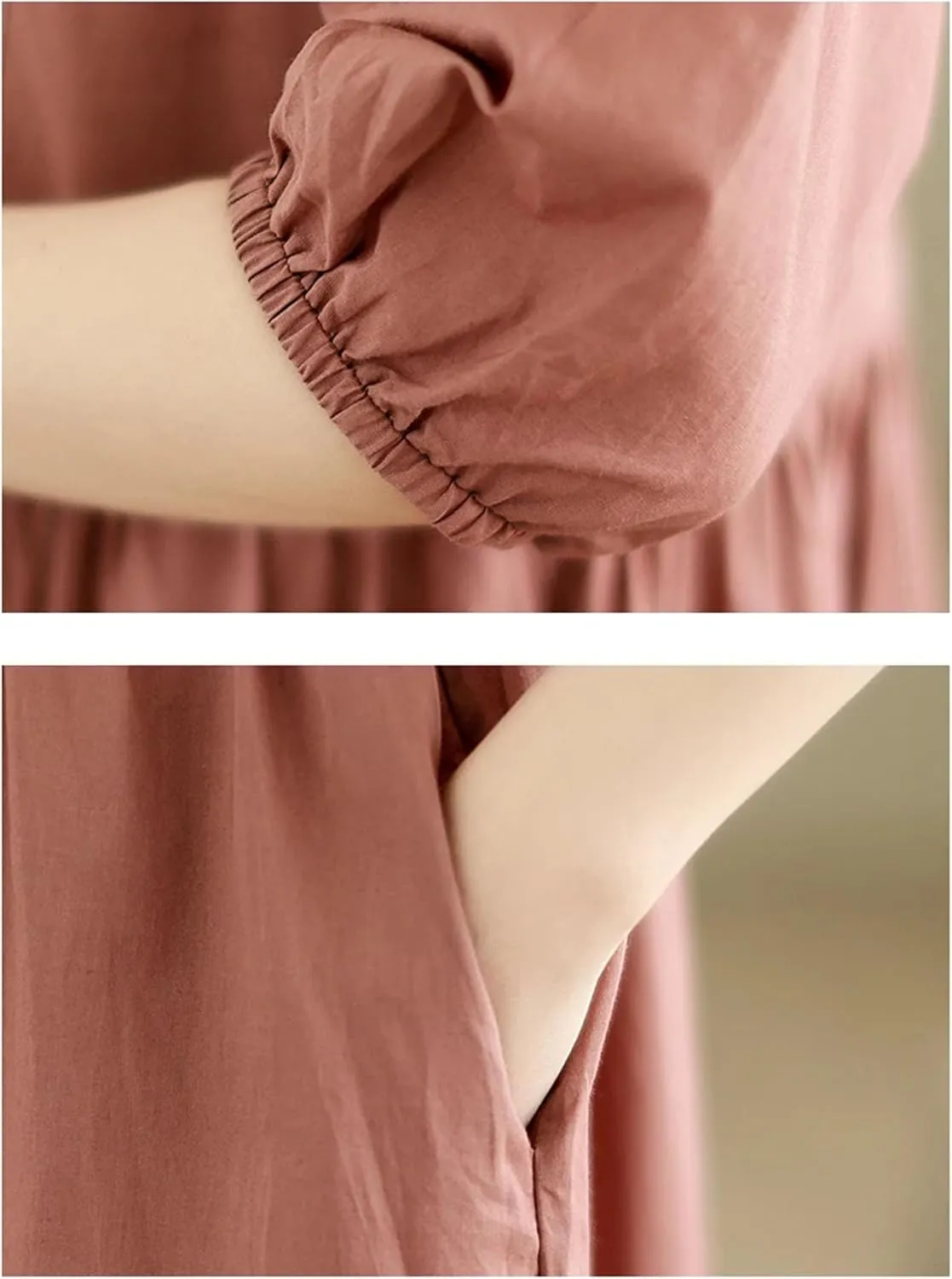 Women's Slim Cotton Embroidery Floral Dress Vintage Loose Casual V-Neck Half Sleeve Dress