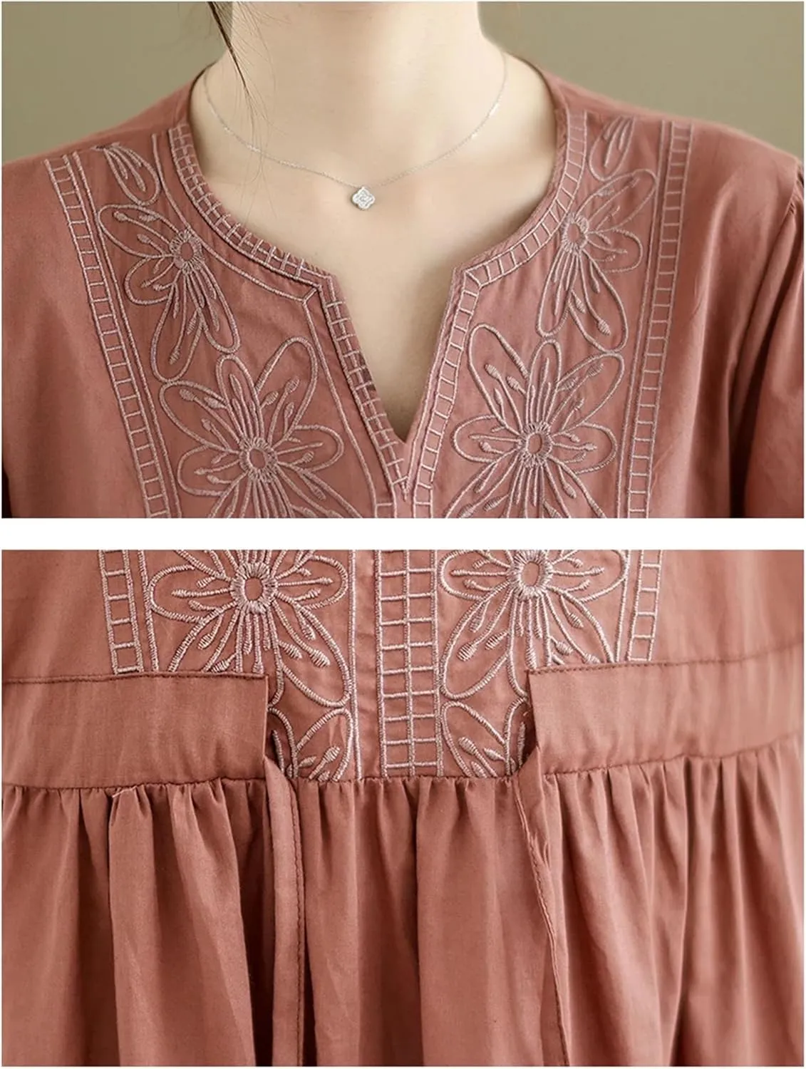 Women's Slim Cotton Embroidery Floral Dress Vintage Loose Casual V-Neck Half Sleeve Dress