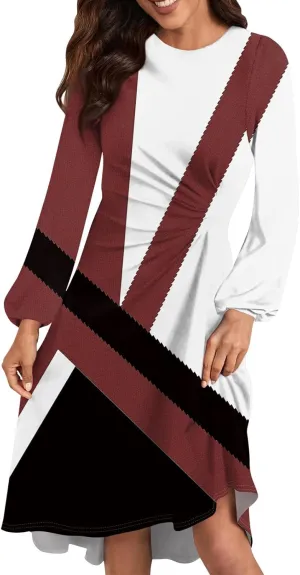 Womens Spring Fashion 2025 Dress O Neck Midi Long Sleeve Tea Length Trendy Elegant Boho Western Fashion Dress