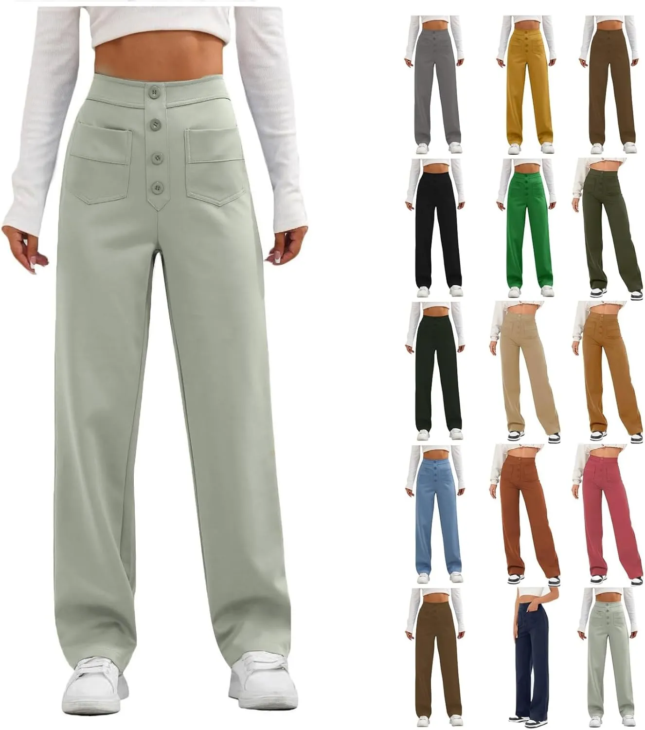 Women's Straight Leg Dress Pants Fahion 2024 High Waisted Button Down Stretchy Business Work Trousers with Pockets