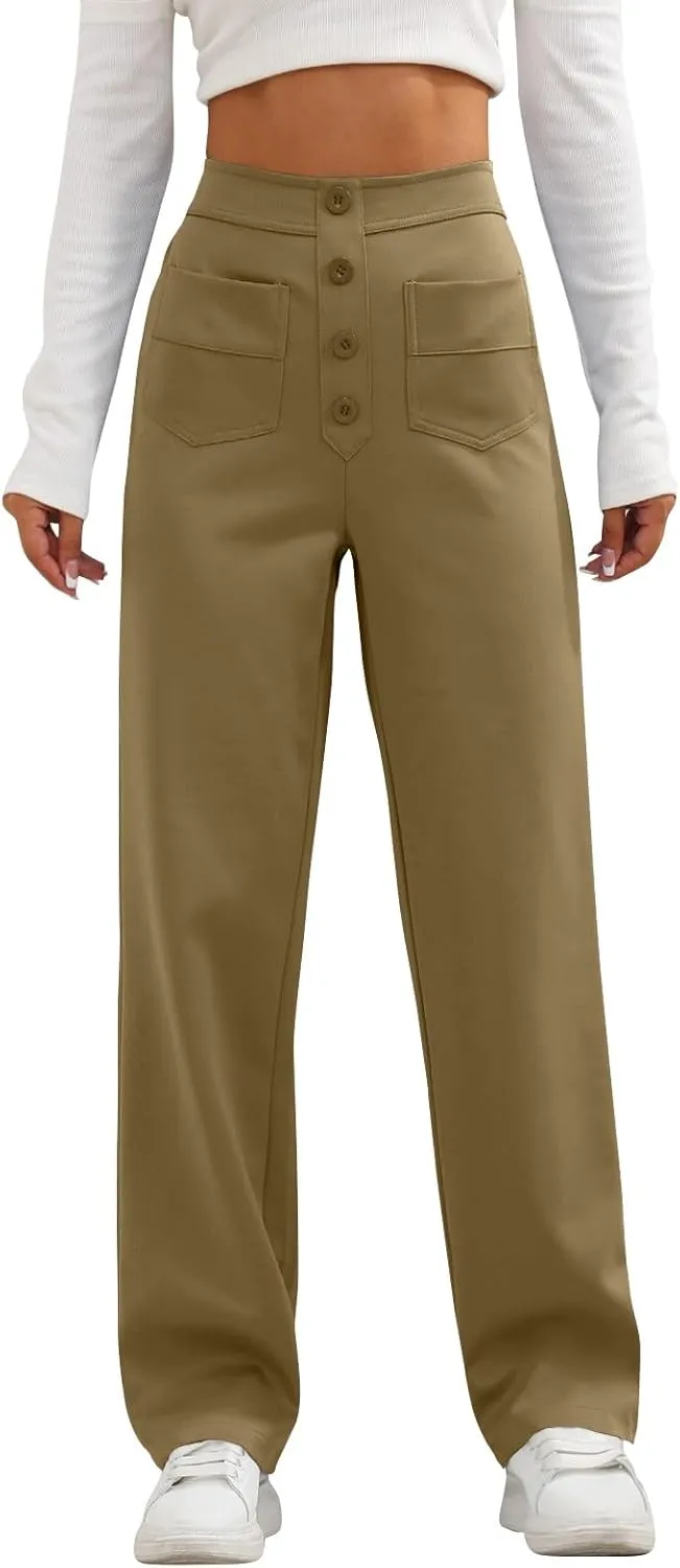 Women's Straight Leg Dress Pants Fahion 2024 High Waisted Button Down Stretchy Business Work Trousers with Pockets