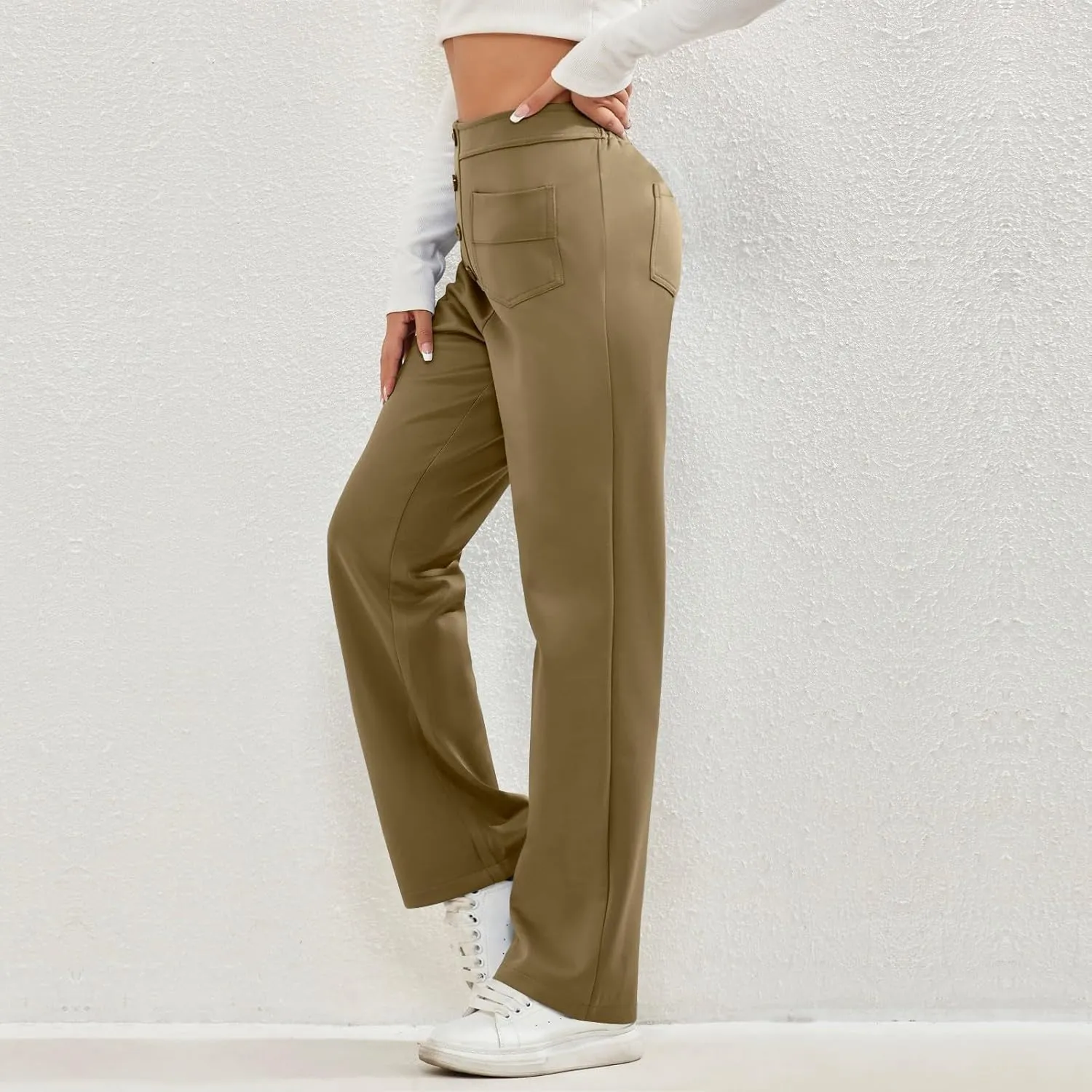 Women's Straight Leg Dress Pants Fahion 2024 High Waisted Button Down Stretchy Business Work Trousers with Pockets