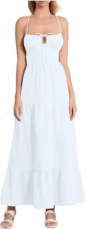 Women's Strappy Backless A Hem Temperament Casual Vacation Dresses Sleeveless Spaghetti Strap Long Dress