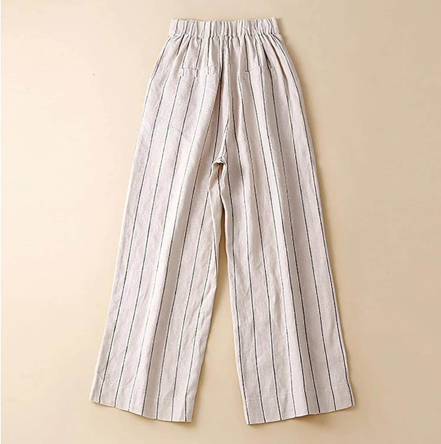 Womens Stripes Pants Elastic Waist Cotton Linen Straight Pants Casual Loose Fit Going Out Trouser Pants for Ladies