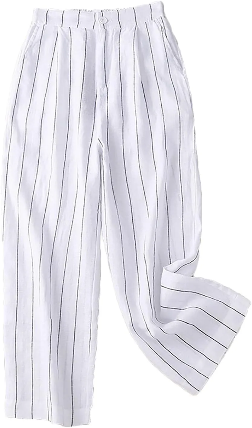 Womens Stripes Pants Elastic Waist Cotton Linen Straight Pants Casual Loose Fit Going Out Trouser Pants for Ladies