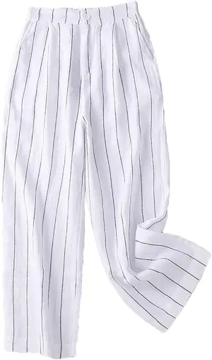 Womens Stripes Pants Elastic Waist Cotton Linen Straight Pants Casual Loose Fit Going Out Trouser Pants for Ladies