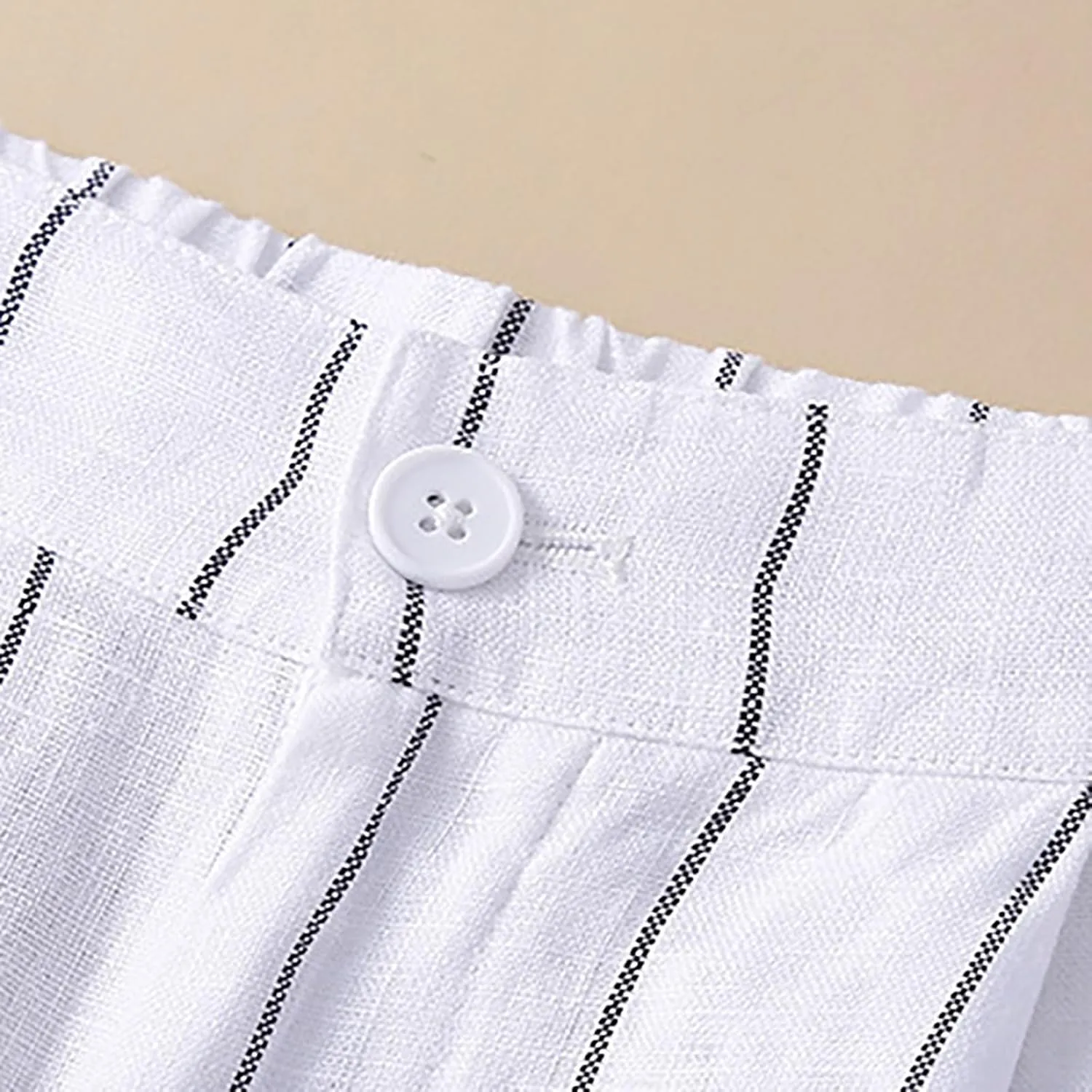 Womens Stripes Pants Elastic Waist Cotton Linen Straight Pants Casual Loose Fit Going Out Trouser Pants for Ladies