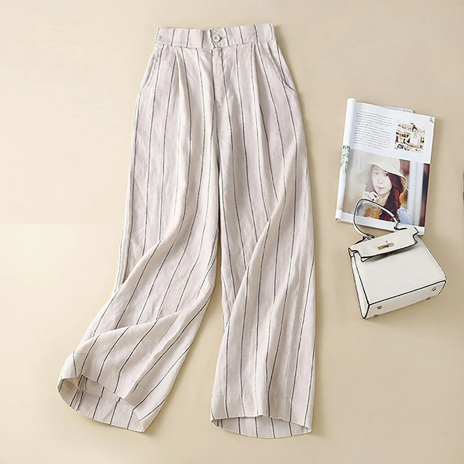Womens Stripes Pants Elastic Waist Cotton Linen Straight Pants Casual Loose Fit Going Out Trouser Pants for Ladies