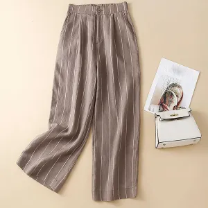 Womens Stripes Pants Elastic Waist Cotton Linen Straight Pants Casual Loose Fit Going Out Trouser Pants for Ladies