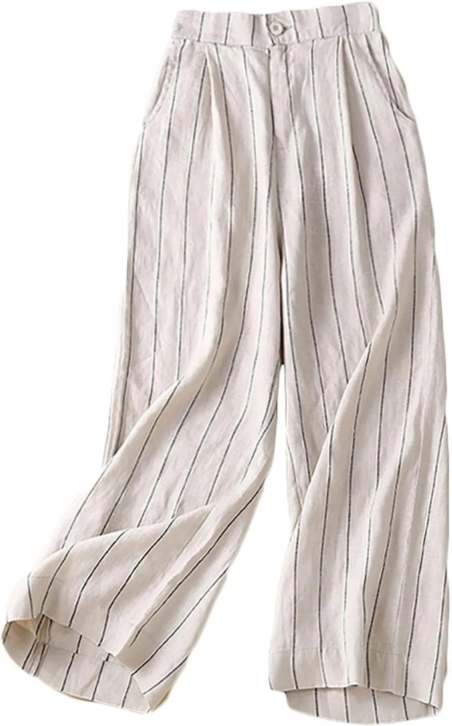 Womens Stripes Pants Elastic Waist Cotton Linen Straight Pants Casual Loose Fit Going Out Trouser Pants for Ladies